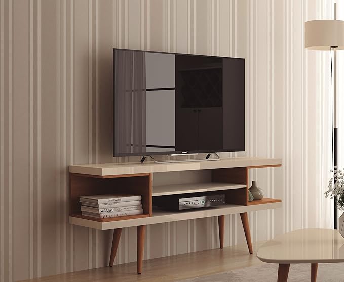 Manhattan Comfort Utopia 53.14" Freestanding Entertainment Center for Living Room, Mid Century Modern TV Stand with Shelves, Storage and Media Holes, Fits 50" Screens, 53.14 Inches, Maple Cream - LeafyLoom