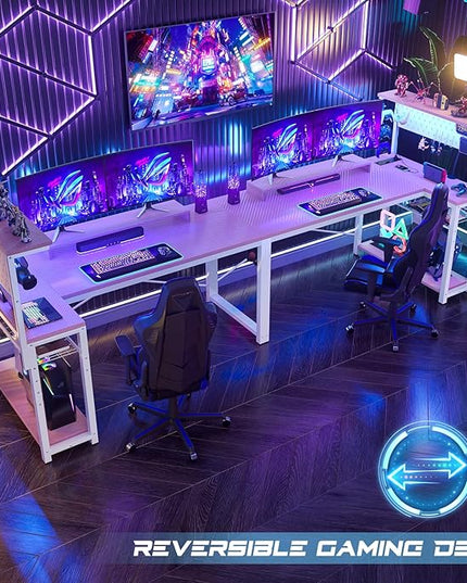 Homieasy Small Gaming Desk with Power Outlets Pegboard LED Light, 51 Inch L Shaped Computer Desk with Monitor Stand Storage Shelves, Reversible Corner Desk with Headset Hooks, Carbon Pink - LeafyLoom
