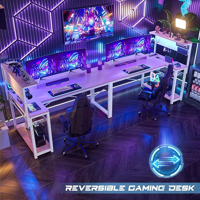 Homieasy Small Gaming Desk with Power Outlets Pegboard LED Light, 51 Inch L Shaped Computer Desk with Monitor Stand Storage Shelves, Reversible Corner Desk with Headset Hooks, Carbon Pink - LeafyLoom