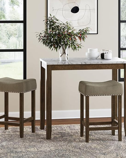 Nathan James Viktor 3 Piece Set, Heigh Kitchen Counter Pub Dining or Breakfast Table with Marble Top and Fabric Wood Base Seat, Beige/Light Brown - LeafyLoom