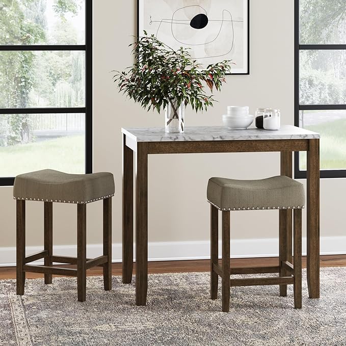 Nathan James Viktor 3 Piece Set, Heigh Kitchen Counter Pub Dining or Breakfast Table with Marble Top and Fabric Wood Base Seat, Beige/Light Brown - LeafyLoom