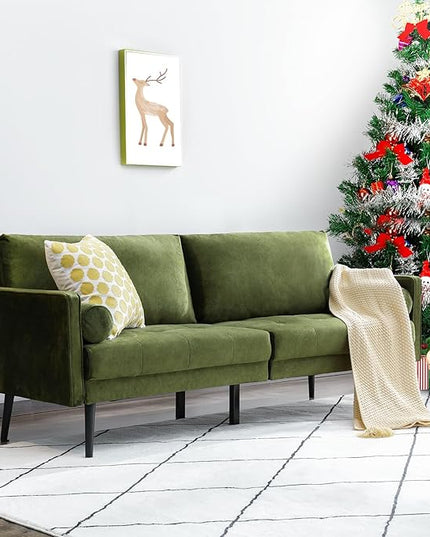 Vonanda Velvet Sofa Couch, Mid Century Modern Craftsmanship 73 inch 3-Seater Sofa with Comfy Tufted Back Cushions and 2 Bolster Pillows for Compact Living Room, Elegant Mustard Green - LeafyLoom