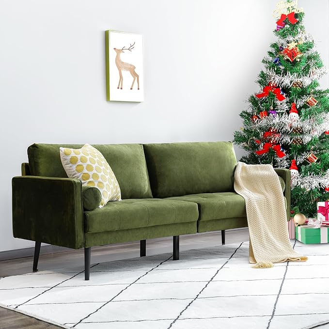 Vonanda Velvet Sofa Couch, Mid Century Modern Craftsmanship 73 inch 3-Seater Sofa with Comfy Tufted Back Cushions and 2 Bolster Pillows for Compact Living Room, Elegant Mustard Green - LeafyLoom