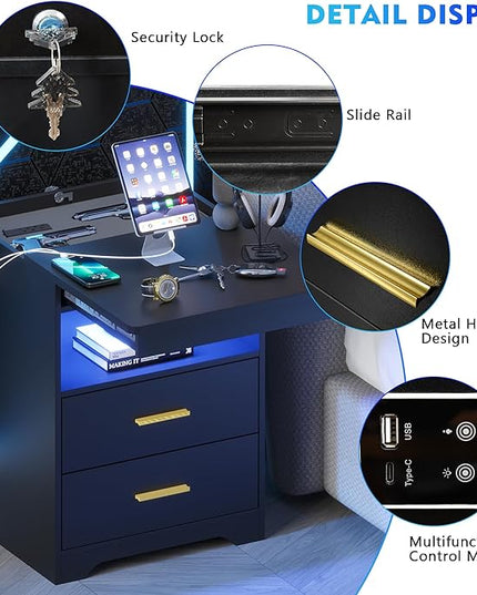 Nightstand Set of 2 with Charging Station, Beside Table with Secret Gun Compartment, Modern Nightstand with Auto Sensor LED 3 Color Dimmable for Bedroom Furniture - LeafyLoom