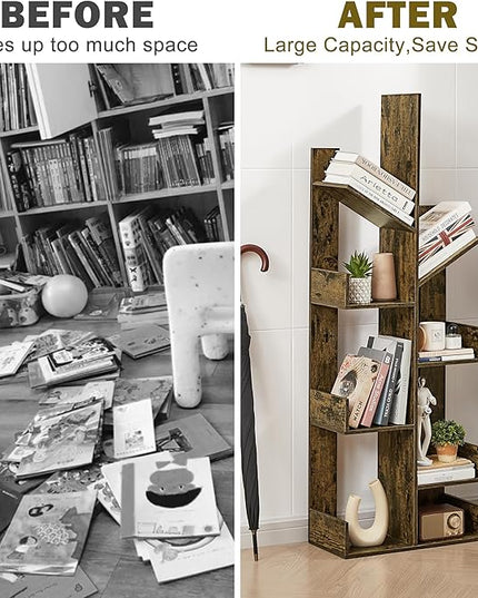 VECELO 8 Shelf Tree Bookcase,Wooden Tree Bookshelf Display with 8 Storage Shelves,Tree-Shaped Shelf Racks Organizer for Books,Magazines,CDs Decors for LivingRoom Bedroom Home Office,Rustic Brown - LeafyLoom