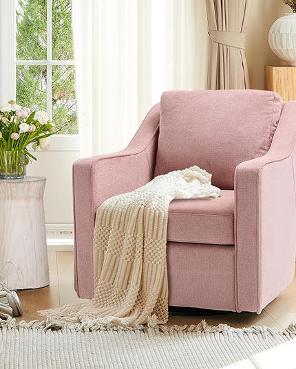 COLAMY 360° Swivel Accent Chair, Upholstered Fabric Leisure Armchair with Lumbar Pillow for Living Room Bedroom Home Office, Pink - LeafyLoom