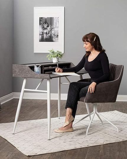 Calico Designs Woodford 45” Wide Modern, Secretary, Writing, Desk with Low Storage Hutch and Whtie Metal Tapered Legs in Marbled Dark Grey, White - LeafyLoom