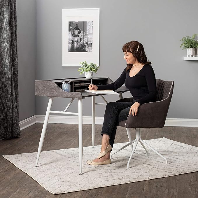 Calico Designs Woodford 45” Wide Modern, Secretary, Writing, Desk with Low Storage Hutch and Whtie Metal Tapered Legs in Marbled Dark Grey, White - LeafyLoom