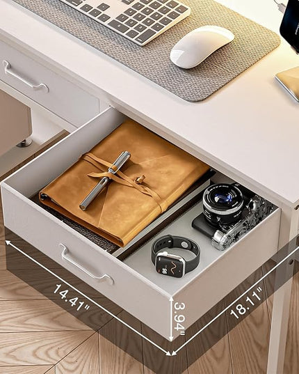 Computer Desk with Drawers and Storage Shelves, Home Office Desk with LED Lights & Power Outlets, Gaming Desk with Monitor Stand, Writing Study Desk, Kids Small Desk for Bedroom, White - LeafyLoom