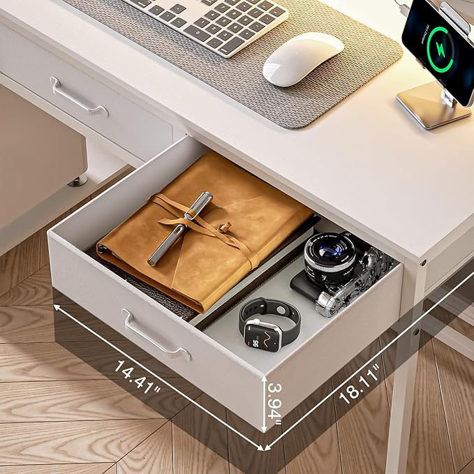 Computer Desk with Drawers and Storage Shelves, Home Office Desk with LED Lights & Power Outlets, Gaming Desk with Monitor Stand, Writing Study Desk, Kids Small Desk for Bedroom, White - LeafyLoom