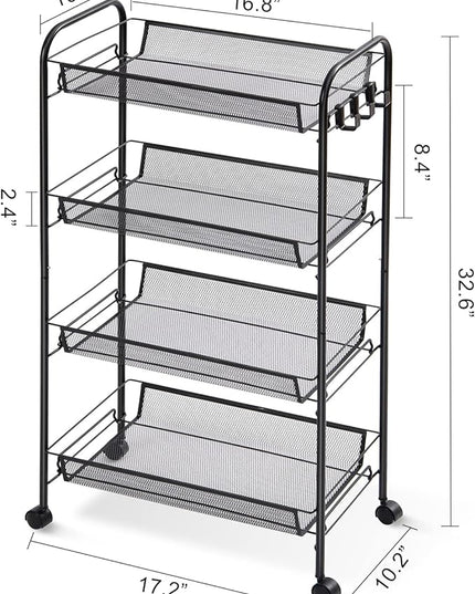 TOOLF 4-Tier Rolling Cart, Metal Utility Cart with 3 Hooks, Easy Assemble Mobile Storage Trolley On Wheels, Metal Shelving Units Kitchen Bathroom Laundry Room - LeafyLoom