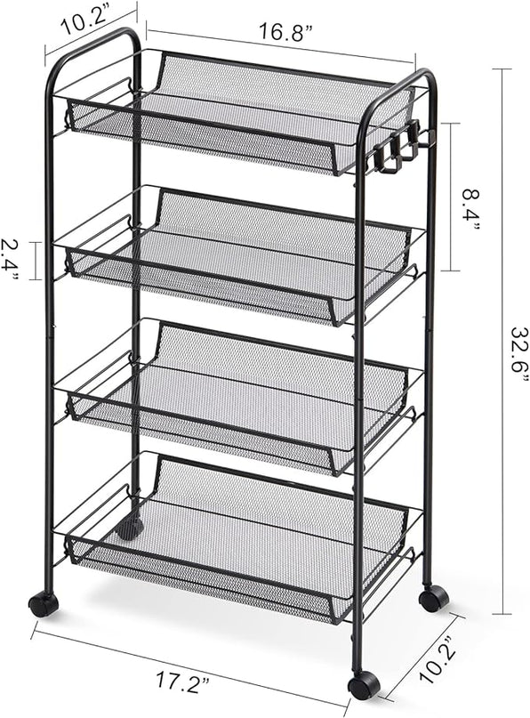TOOLF 4-Tier Rolling Cart, Metal Utility Cart with 3 Hooks, Easy Assemble Mobile Storage Trolley On Wheels, Metal Shelving Units Kitchen Bathroom Laundry Room - LeafyLoom