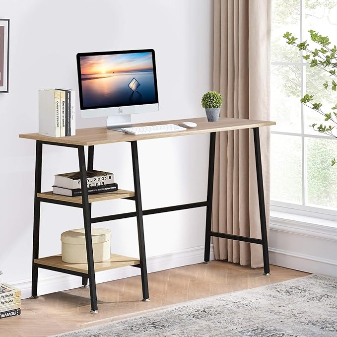 VECELO 43 Inch Computer Modern Student Writing home-office, Ladder Desk, Oak+black Leg - LeafyLoom
