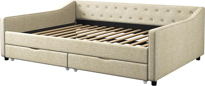 Full Size Upholstered Daybed with 2 Drawers,Wood Sofa Bed Frame W/Button Tufted Backrest and Waved Shape Arms,Slats Support,Linen Fabric Day Bed,for Bedroom,Living Room,Apartment,Beige - LeafyLoom