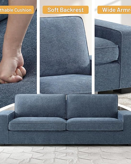 EASELAND Sofa Couch, 88" Chenille Loveseat for Living Room, 3 Seater Lounge Sofa for Bedroom with Removable Back and Seat Cushions, Modern Deep Seat Comfy Couch with Solid Wood Legs and Armrest (Blue) - LeafyLoom