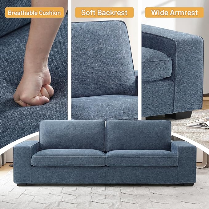 EASELAND Sofa Couch, 88" Chenille Loveseat for Living Room, 3 Seater Lounge Sofa for Bedroom with Removable Back and Seat Cushions, Modern Deep Seat Comfy Couch with Solid Wood Legs and Armrest (Blue) - LeafyLoom