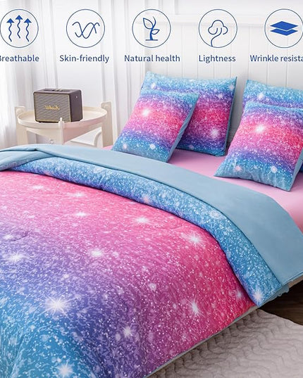 Twin Comforter Set for Girls Galaxy Bedding 7pieces, Ombre Bedding Comforter Sets Rainbow Comforter, Glitter Bedding Twin Teen Comforter Sets for Girls (Blue) - LeafyLoom