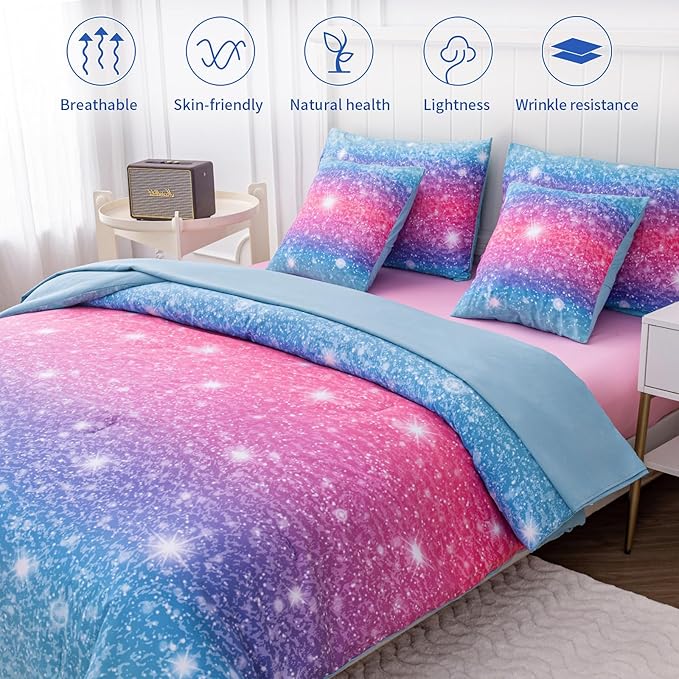 Twin Comforter Set for Girls Galaxy Bedding 7pieces, Ombre Bedding Comforter Sets Rainbow Comforter, Glitter Bedding Twin Teen Comforter Sets for Girls (Blue) - LeafyLoom