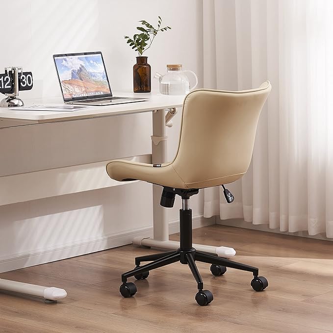 YOUTASTE Office Chair Armless Desk Chair Small Computer Swivel Rolling Chair with Wheels, Modern Upholstered PU Leather Computer Sewing Chair, Adjustable Home Office Desk Chairs, Beige - LeafyLoom