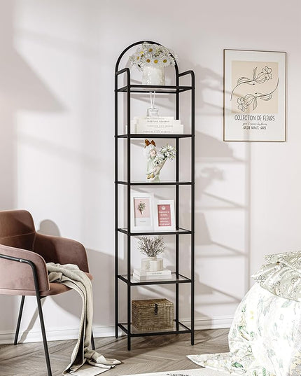 Bookcase Bookshelf, Tempered Glass Bookshelves, Slim Shelving Unit for Bedroom, Bathroom, Home Office, Steel Frame, 6 Tier Black BC10601B - LeafyLoom