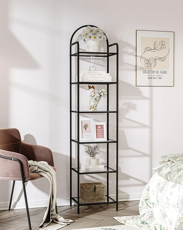 Bookcase Bookshelf, Tempered Glass Bookshelves, Slim Shelving Unit for Bedroom, Bathroom, Home Office, Steel Frame, 6 Tier Black BC10601B - LeafyLoom