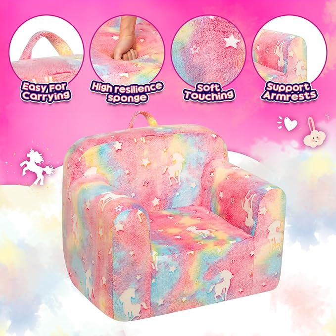 ALIMORDEN Kids Ultra-Soft Snuggle Foam Filled Chair, Cuddly Sherpa Reading Couch for Boys and Girls,Glow-in-The-Dark Unicorn Pattern - LeafyLoom