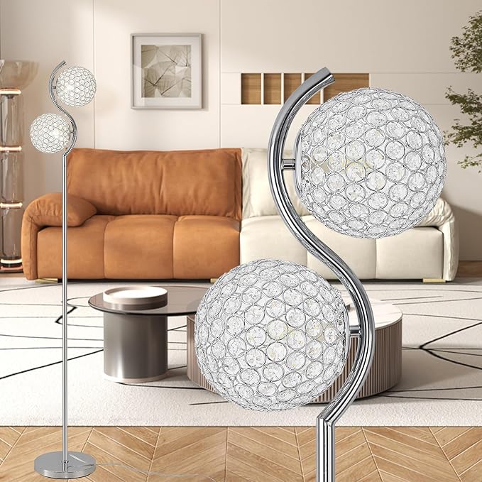 Crystal Floor Lamp, Elegant Standing Lamp, Modern Floor Lamp Chrome Finish Tall Pole Lamp, Modern Standing Lamp with On/Off Foot Switch for Living Room, Girl Bedroom, Dresser, Office, E26 Base - LeafyLoom