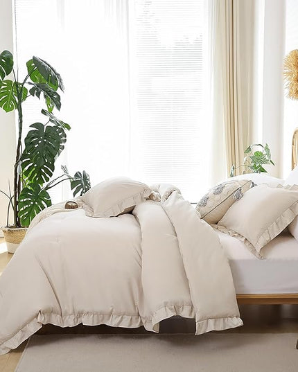 JANZAA King Size Comforter Set Beige Ruffle Comforter 3PCS Soft Fluffy Boho Comforter Vintage Farmhouse Bed Set Shabby Chic Bedding with 2 Pillowcases for All Season - LeafyLoom