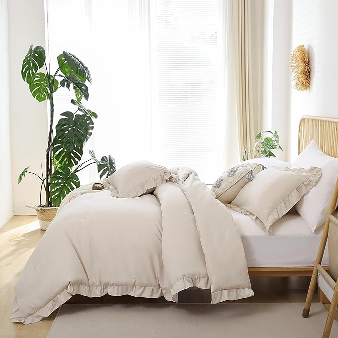 JANZAA King Size Comforter Set Beige Ruffle Comforter 3PCS Soft Fluffy Boho Comforter Vintage Farmhouse Bed Set Shabby Chic Bedding with 2 Pillowcases for All Season - LeafyLoom