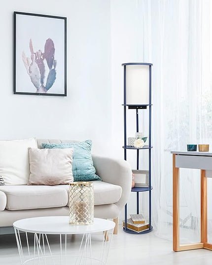 Simple Designs LF2010-NAV 62.5" Round Modern Shelf Etagere Organizer Storage Floor Lamp with 2 USB Charging Ports, 1 Charging Outlet and Linen Shade for Living Room Bedroom Office, Navy - LeafyLoom
