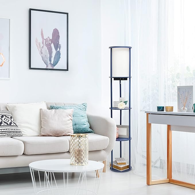 Simple Designs LF2010-NAV 62.5" Round Modern Shelf Etagere Organizer Storage Floor Lamp with 2 USB Charging Ports, 1 Charging Outlet and Linen Shade for Living Room Bedroom Office, Navy - LeafyLoom