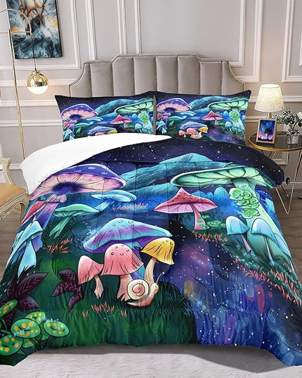 Cartoon Mushroom Bedding Set, Queen Size 3 Piece Ultra Soft Breathable Cute Mushrooms Bedding Comforter Sets Fungus Plant Bedspread for All-Season Bedroom Decor with 1 Comforter +2 Pillowcases - LeafyLoom