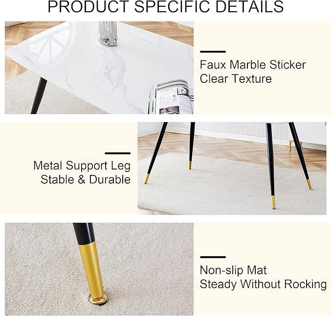 NicBex 62.2Inch Rectangular Dining Table,Modern Kitchen Table with Imitation Marble Tabletop and Black Metal Legs for 6 to 8,Large Dining Room Table for Kitchen,Meeting Living Room,Black+Gold - LeafyLoom