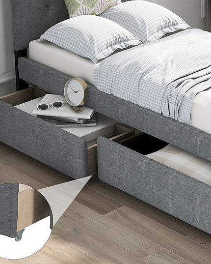 Bellemave Upholstered Twin Size Platform Bed Frame with 2 Storage Drawers and Headboard, Linen Fabric Simple Style, Solid Wooden Slats Support, No Box Spring Needed, Grey - LeafyLoom