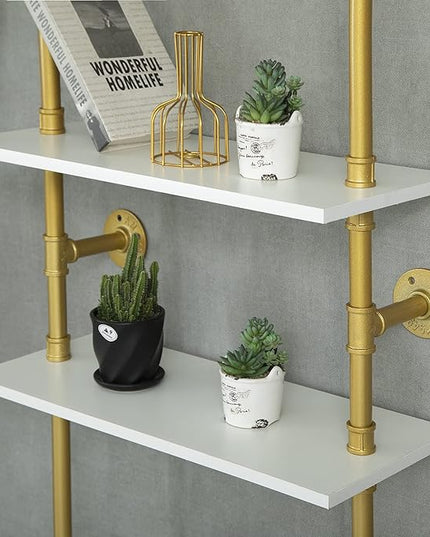 6 Tier Gold Bookshelf, White and Gold Shelves, Modern Shelves Shelf Bookcase Metal Mid Century Open Industrial Wall Mount Accents Decor Retail Shelving Vertical for Living Room - LeafyLoom