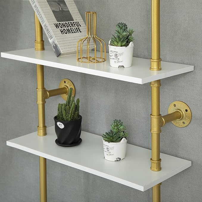 6 Tier Gold Bookshelf, White and Gold Shelves, Modern Shelves Shelf Bookcase Metal Mid Century Open Industrial Wall Mount Accents Decor Retail Shelving Vertical for Living Room - LeafyLoom
