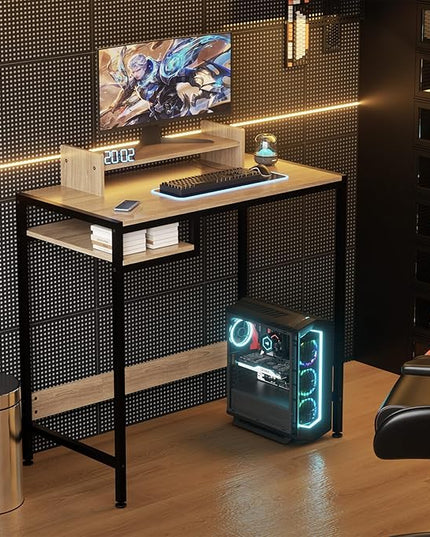 Computer Desk - 32 Inch Home Office Desk with Storage, Gaming Desk with Monitor Stand, Modern Simple Study Table, Adjustable Storage Space, Grey - LeafyLoom