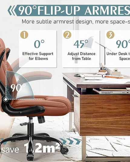 Leather Office Chair, PU Home Computer Desk Chairs with Ergonomic Back Support, 360°Swivel Free，Small Gmaing Chair with Wheels and Adjustable Armrests, for Short People Use, Brown - LeafyLoom
