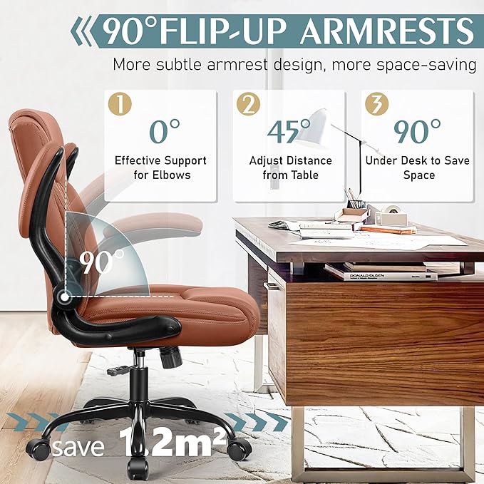 Leather Office Chair, PU Home Computer Desk Chairs with Ergonomic Back Support, 360°Swivel Free，Small Gmaing Chair with Wheels and Adjustable Armrests, for Short People Use, Brown - LeafyLoom