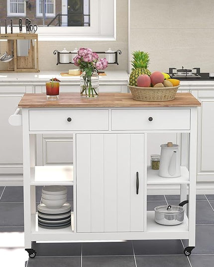 ChooChoo Kitchen Cart on Wheels with Wood Top, Utility Wood Kitchen Islands with Storage and Drawers, Easy Assembly - White - LeafyLoom