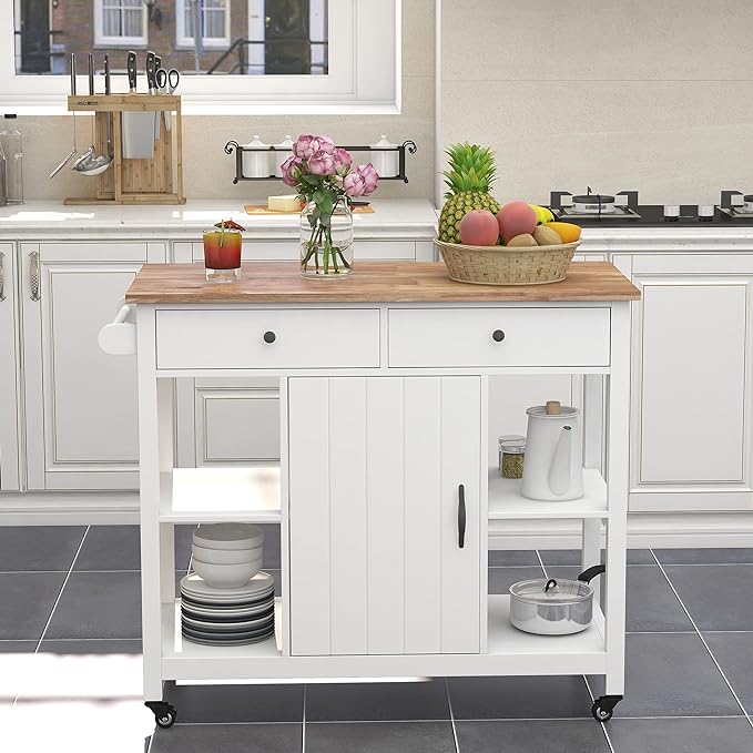 ChooChoo Kitchen Cart on Wheels with Wood Top, Utility Wood Kitchen Islands with Storage and Drawers, Easy Assembly - White - LeafyLoom