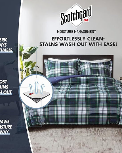 Madison Park Essentials Parkston Plaid Comforter, Matching Sham, 3M Scotchguard Stain Release Cover, Hypoallergenic All Season Bedding-Set, Twin/TwinXL, Navy, 2 Piece - LeafyLoom