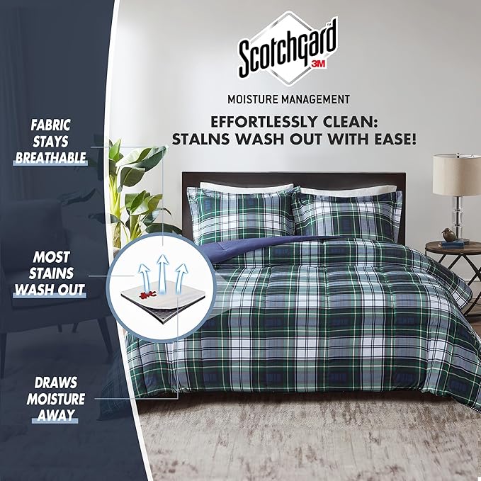 Madison Park Essentials Parkston Plaid Comforter, Matching Sham, 3M Scotchguard Stain Release Cover, Hypoallergenic All Season Bedding-Set, Twin/TwinXL, Navy, 2 Piece - LeafyLoom