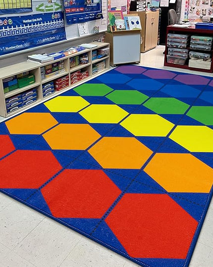 LIVEBOX Hexagon Kids Rug for Classroom, Washable Classroom Carpet for School, Nursery, Colorful Children's Classroom Area Rugs Non-Slip Playroom Mat for Daycare Learning,13'x7'5"(Seats-24) - LeafyLoom