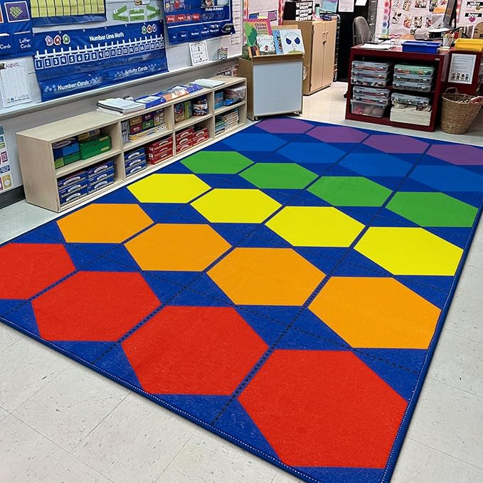 LIVEBOX Hexagon Kids Rug for Classroom, Washable Classroom Carpet for School, Nursery, Colorful Children's Classroom Area Rugs Non-Slip Playroom Mat for Daycare Learning,13'x7'5"(Seats-24) - LeafyLoom