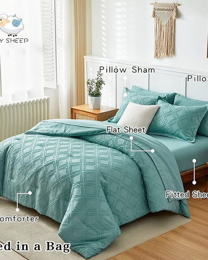 6 Pieces Tufted Bed in a Bag Twin Comforter Set with Sheets Green, Soft and Embroidery Shabby Chic Boho Bohemian Design, Luxury Solid Color with Diamond Pattern, Jacquard Tufts Bedding Set for Kids - LeafyLoom