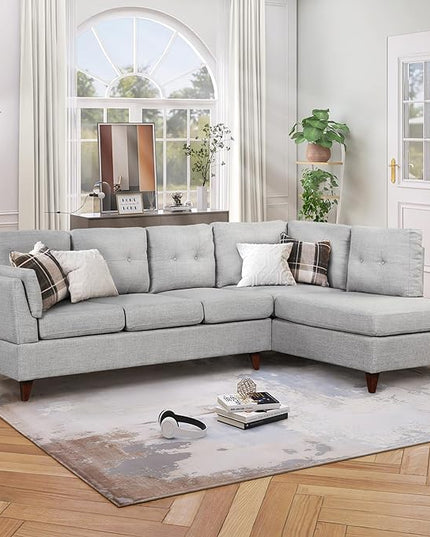 Modern Linen Fabric Sofa with Chaise Lounge, L-Shape Couch with one Lumbar Pad, Comfy Button Tufted Backrest, 4 Seat Corner Sectional Set for Living Room Furniture Office, 97.2", Grey-L - LeafyLoom