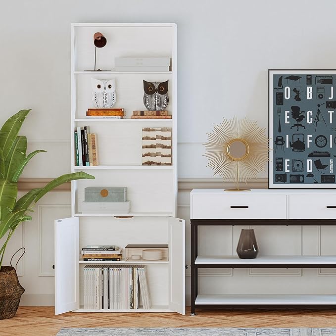 IRONCK Industrial Bookshelves and Bookcases with Doors Floor Standing 6 Shelf Display Storage Shelves 70 in Tall Bookcase for Home Office, Living Room - LeafyLoom