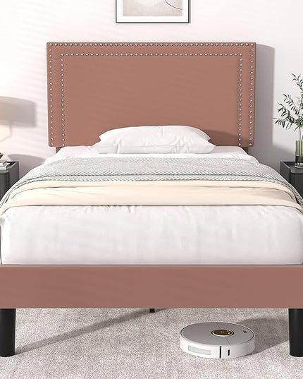 VECELO Twin Size Platform Bed Frame with Adjustable Upholstered Headboard, Modern Mattress Foundation, Strong Wood Slat Support, No Box Spring Needed, Easy Assembly - LeafyLoom