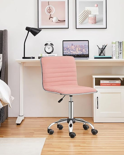 Yaheetech Velvet Low Back Vanity Chair Armless Ribbed Office Chair Swivel Task Chair Height Adjustable Chair Apricot Pink - LeafyLoom
